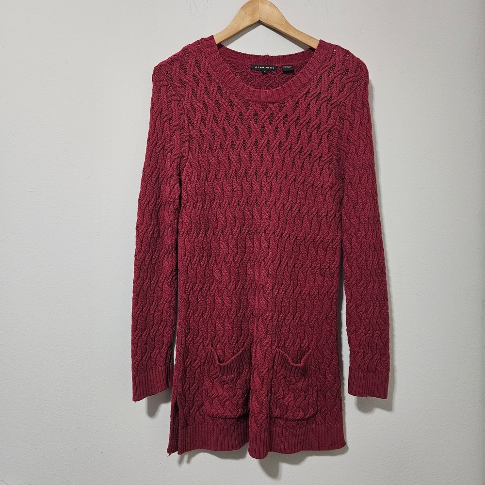 Jeanne Pierre Womens Burgundy Red Cable Knit Tunic Sweater Cotton Pocket Large